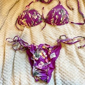 Arpa beautiful purple floral push-up string-tie scrunch bikini
